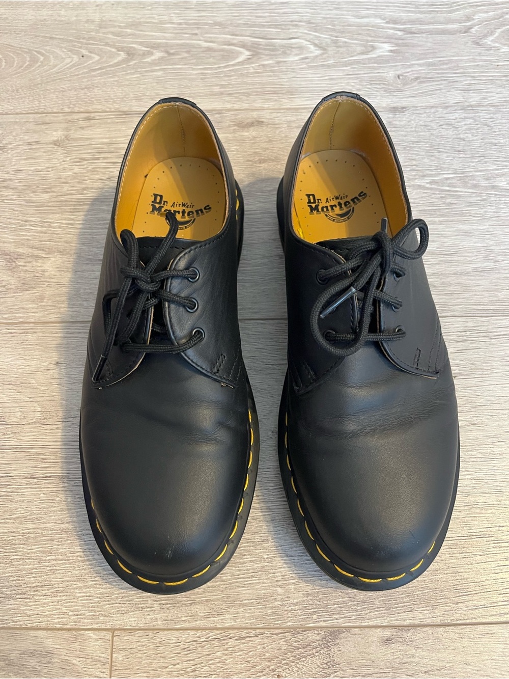 Dr. Martens Black Leather 3-Eye Derby Shoes with Yellow Stitching